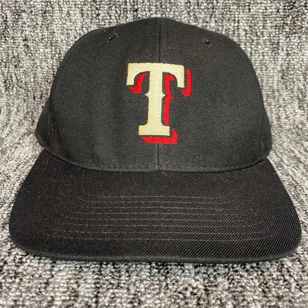 Vintage DeLONG Texas Rangers Style T Logo Snapback Hat Mens Med-Lg Black Cap